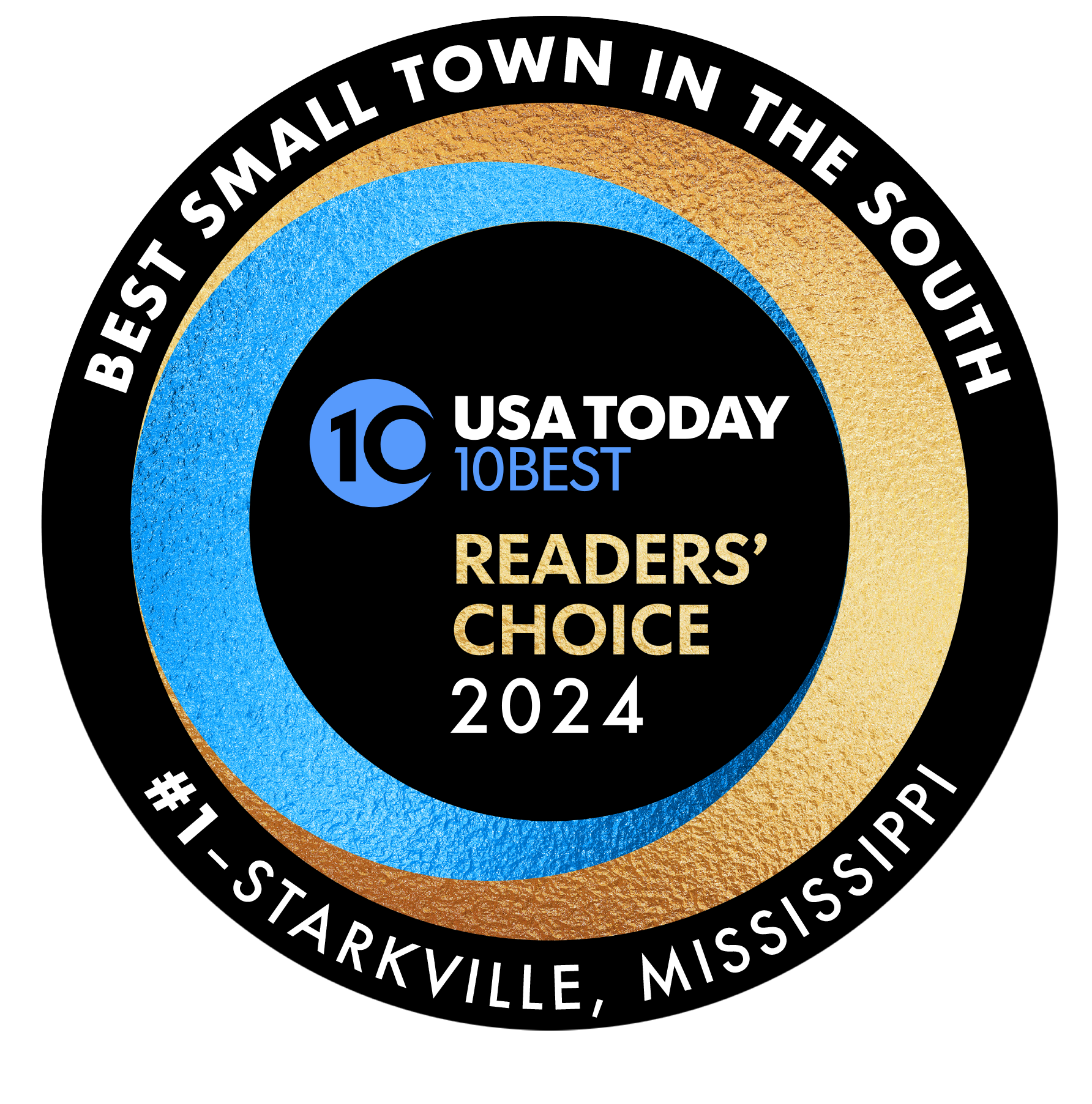Best Small Town in the South badge from USA Today Reader's Choice awards 2024.