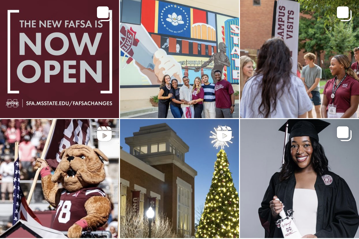 A snippet of our Instagram posts, it has the FASFA is NOW OPEN on it, a group of our college students downtown in front of a mural, our roadrunner during a campus visit tour, Bully on the bullycar riding onto the football field, Holiday decorations across campus, and our December commencement.