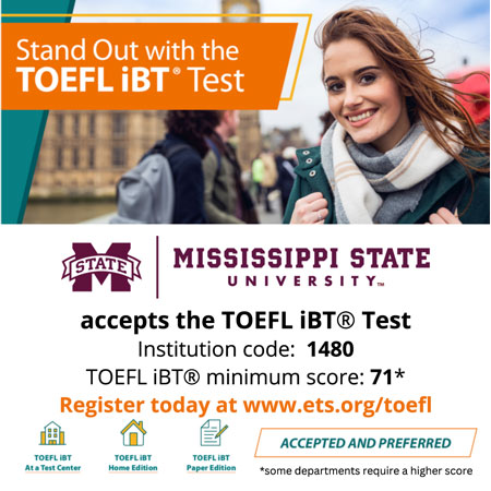 Graphic highlighting TOEL iBT Test. Shows that TOEFL iBT Test accepts a min score of 71 and how to register
