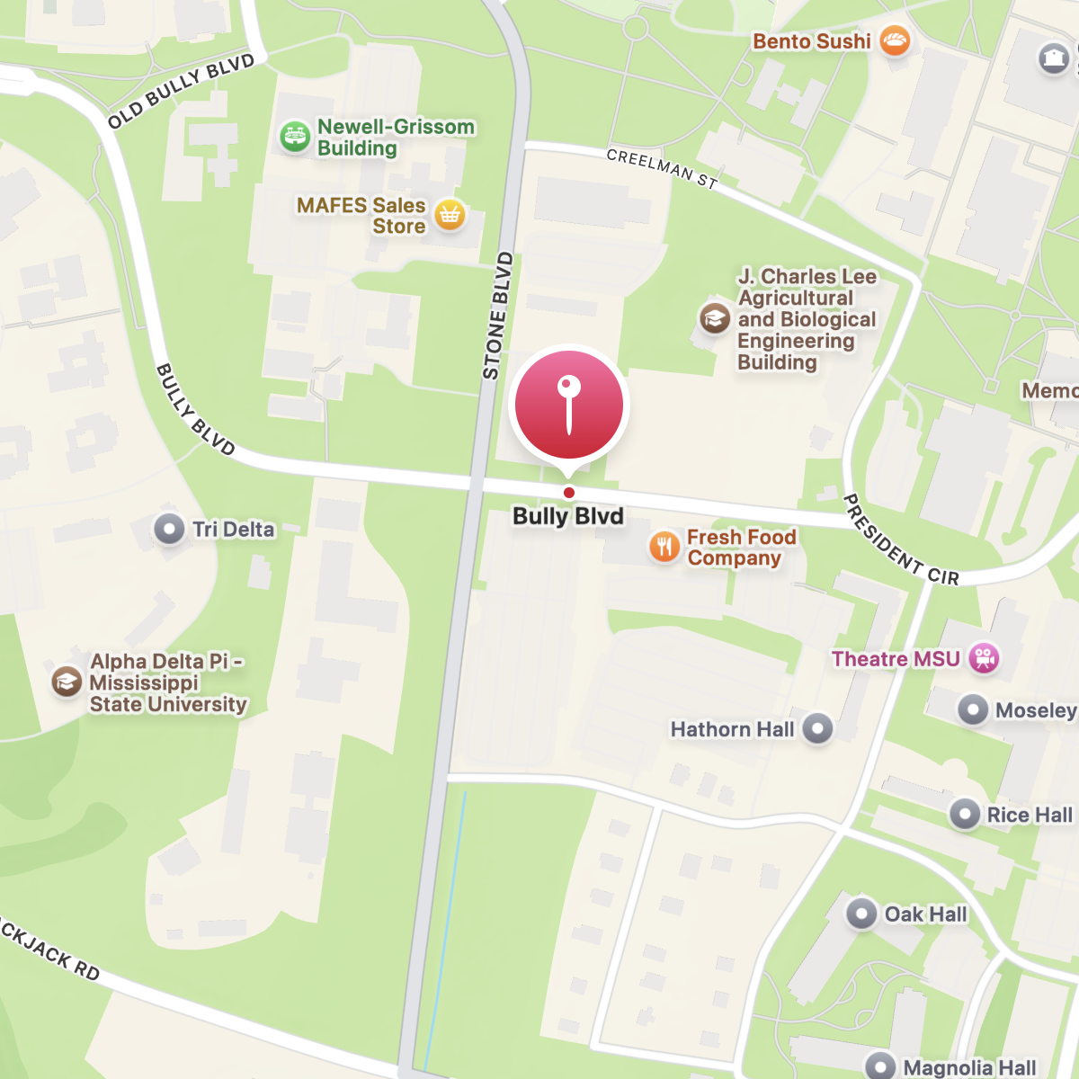 Screenshot of google maps location for fresh foods company on Mississippi State University Campus