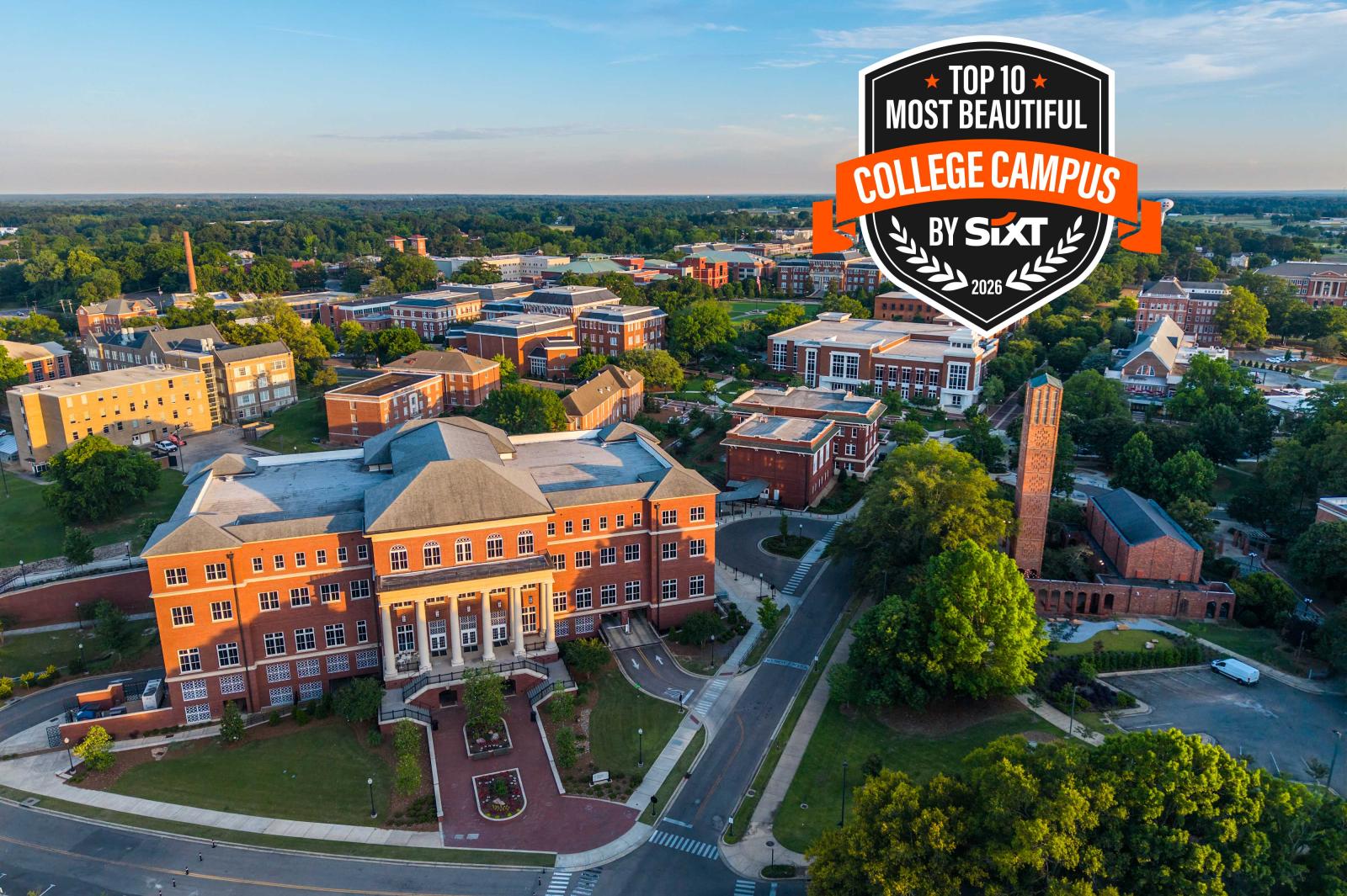 Aerial image of Mississippi State University's campus with a badge denoting "Top 10 Most Beautiful Campus in the U.S."